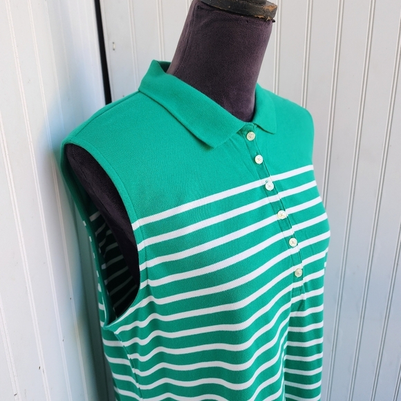 LANDS' END Sleeveless Striped Polo Dress Green White Stretchy Stretch L (14-16) - Picture 3 of 16